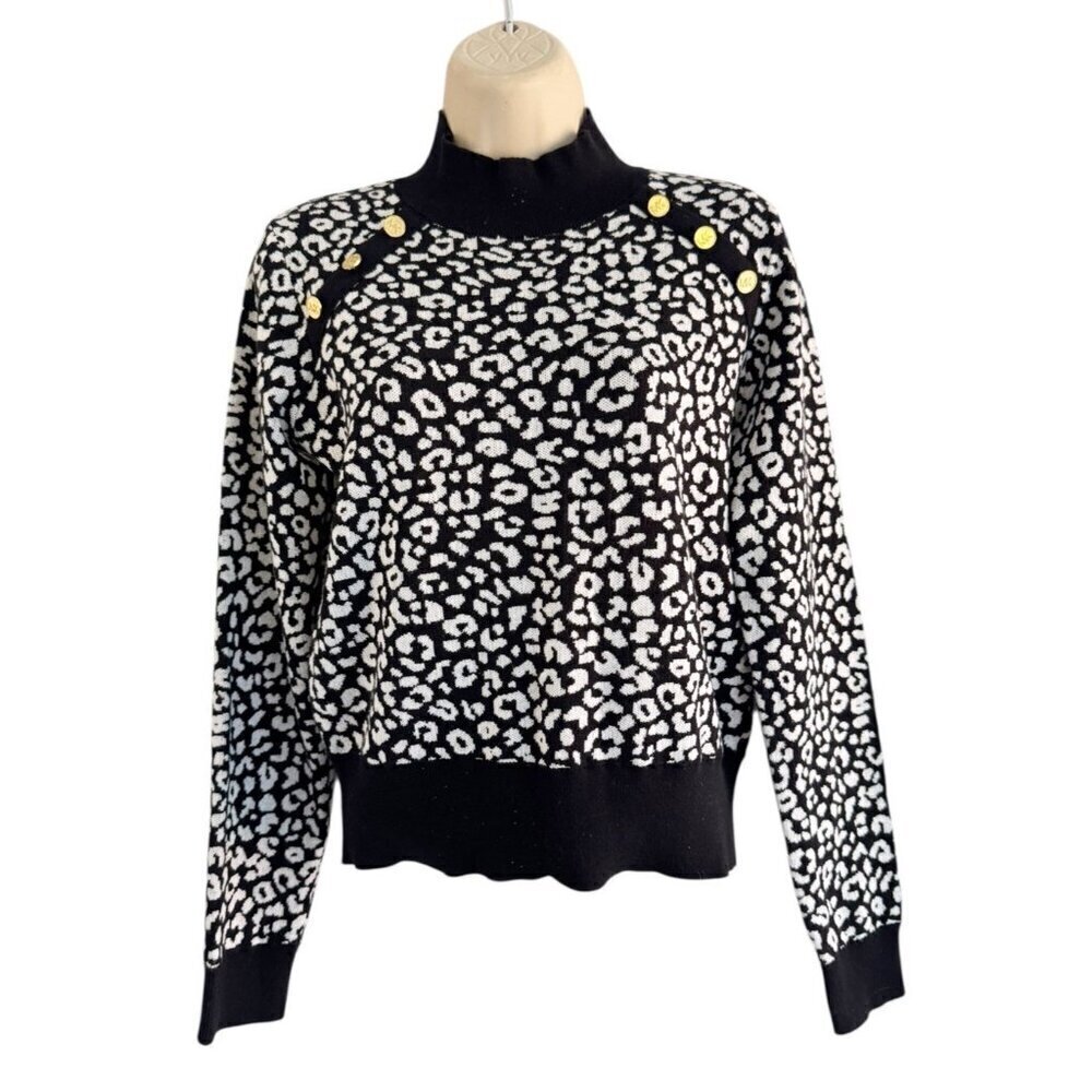 NWT Michael Kors Woman's Sz S Black White Cheetah Cropped Sweater Gold Buttons